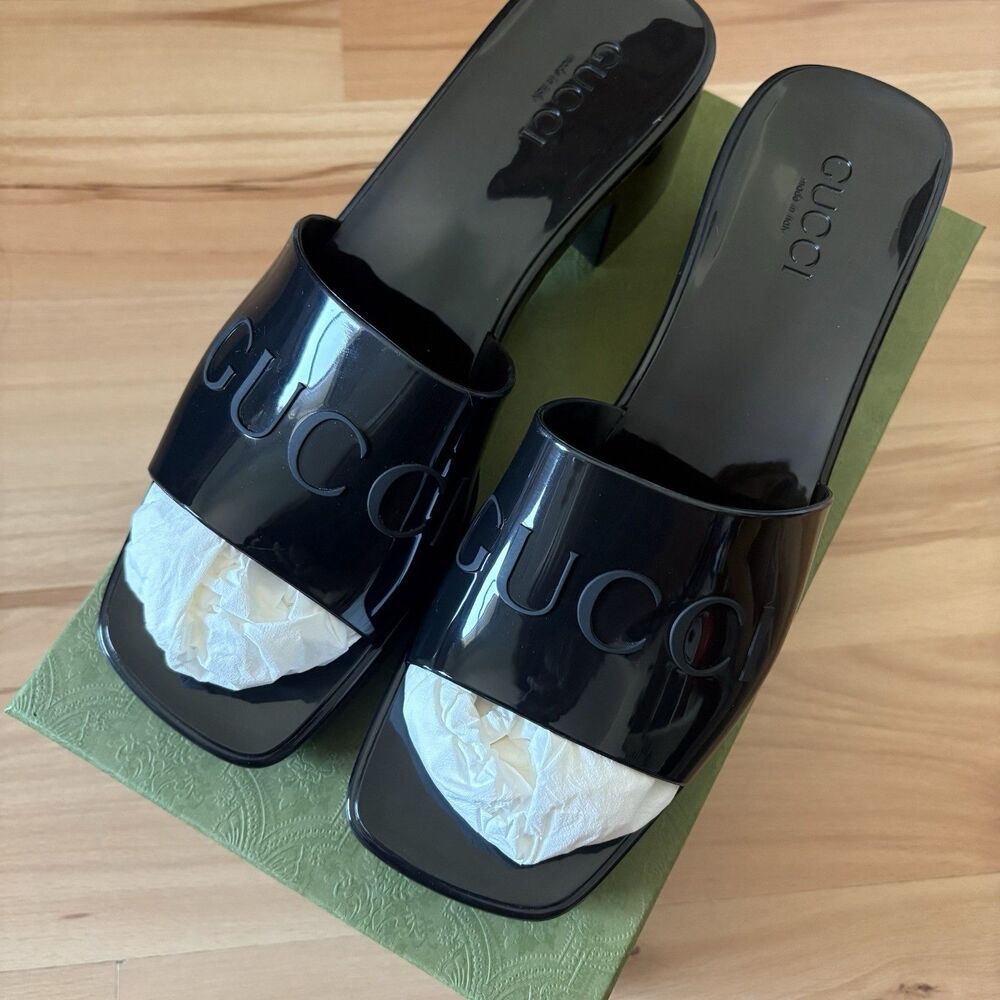 Gucci Black Jelly Rubber Platform Logo Slides Sandals & 2 Dust Bags EU 41